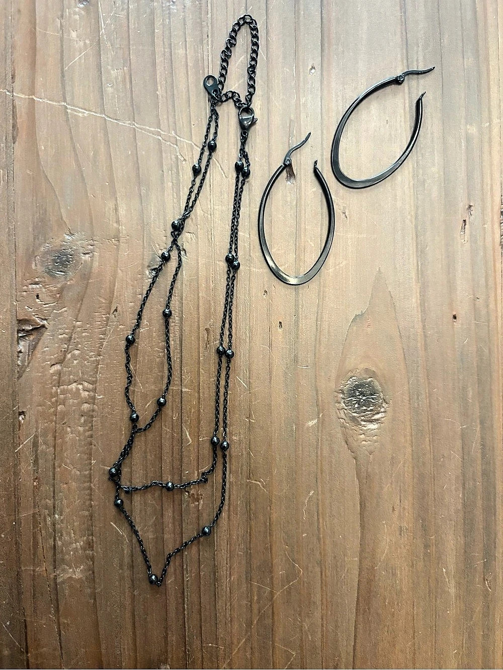 Grunge Gunmetal Black Double Layer Beaded Necklace & Oval Hoop Earrings Set